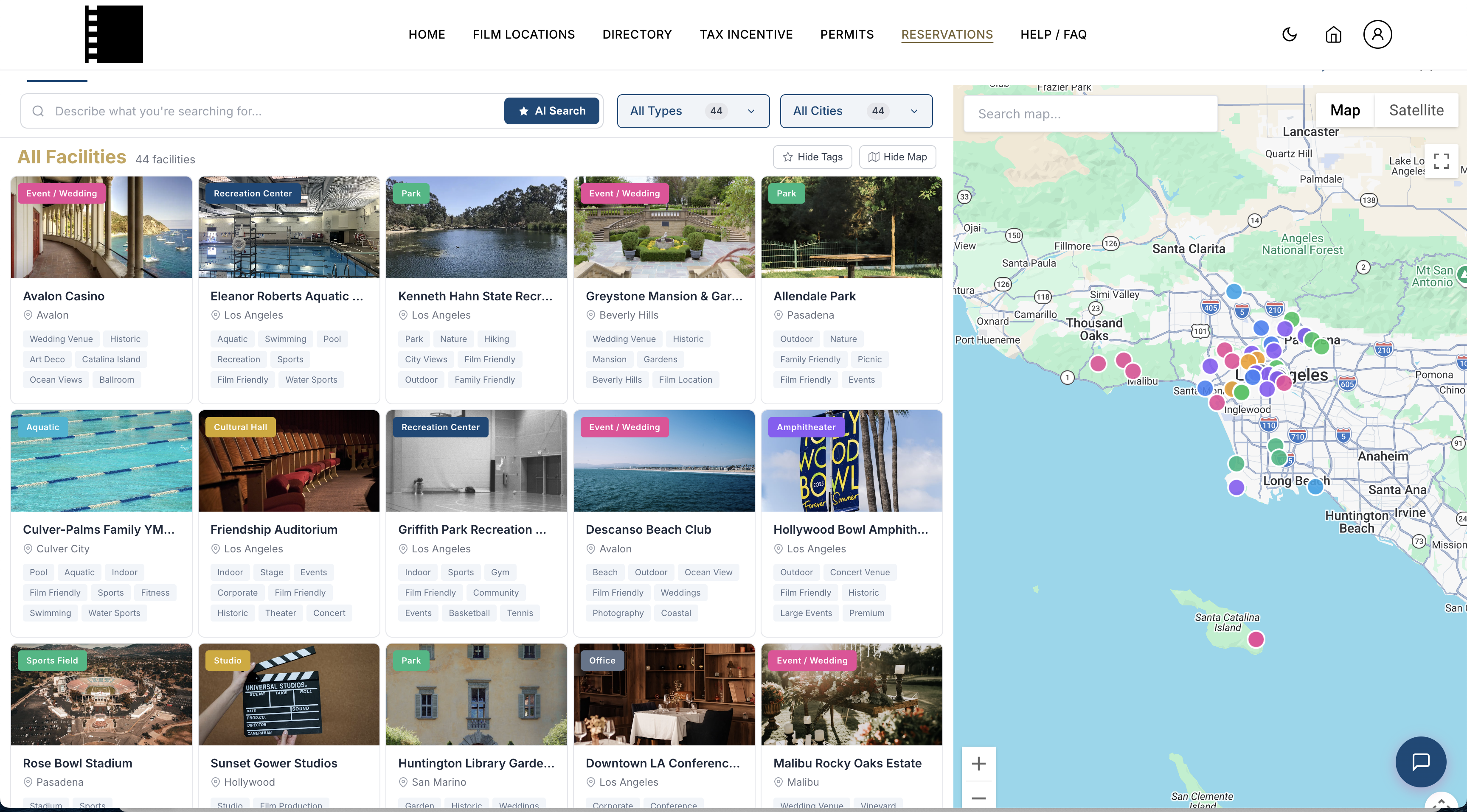 Reservation System — 44 bookable facilities with live map and AI search